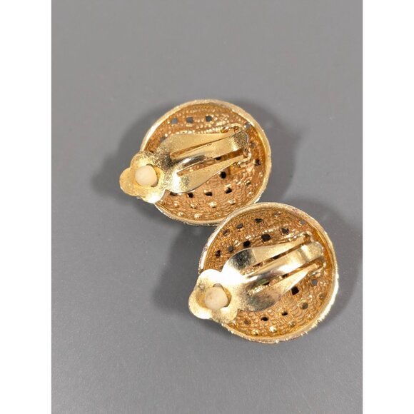 Vintage Basket Weave Dome Earrings Gold Tone Clip On Statement Classic - Picture 7 of 8